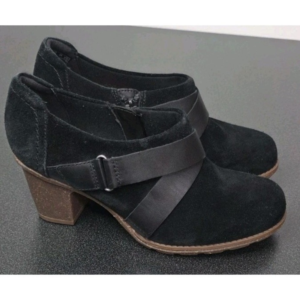 Clarks Sashlin Fiona Soft Cushion Women 7.5 Black Leather Suede Booties Chunky